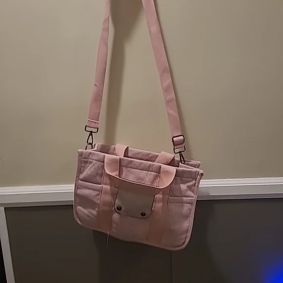 Baby Pink Corduroy Womens Tote Bag Collapsible Crossbody Purse - Picture 2 of 14
